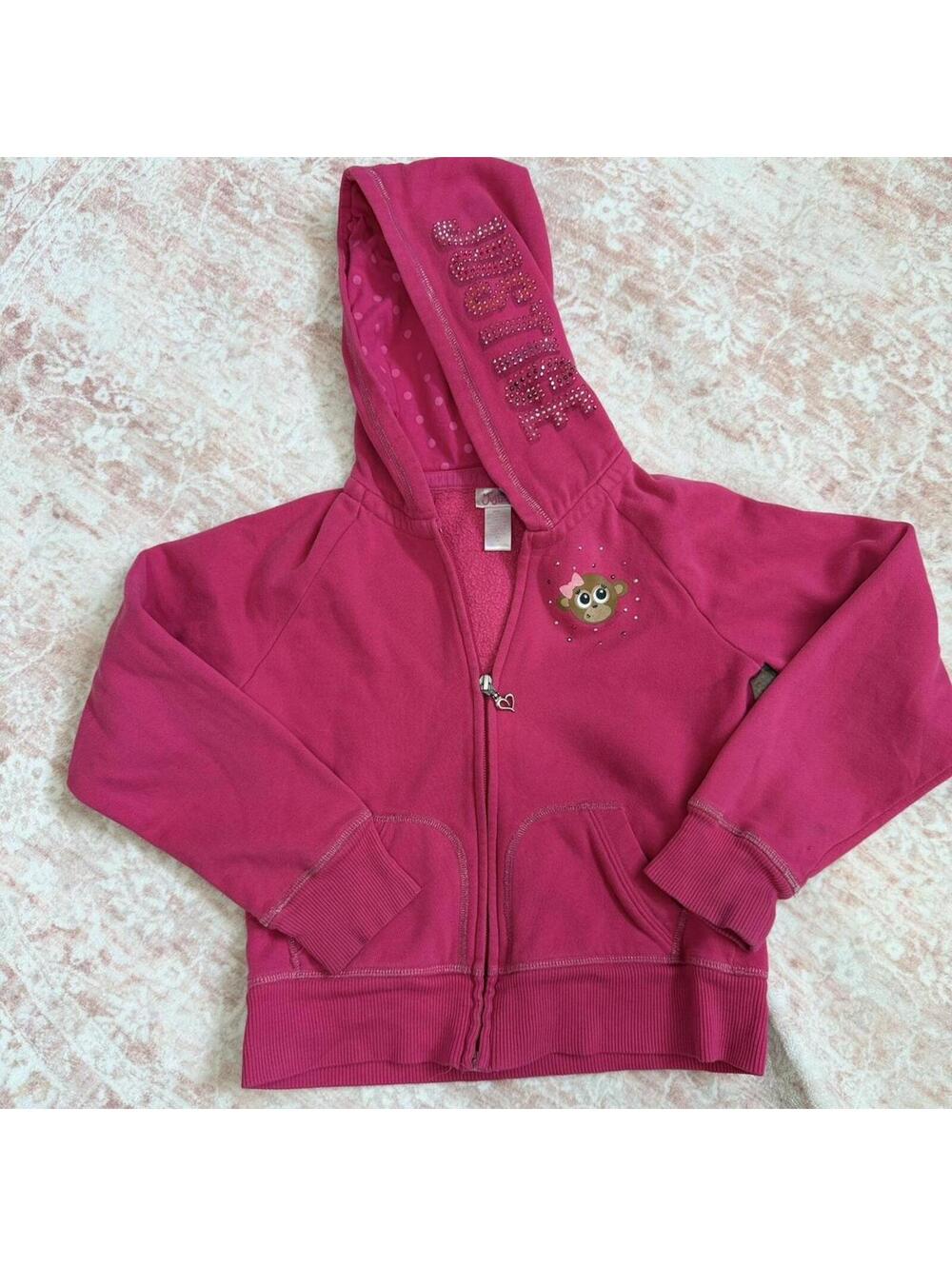 Justice Pink Rhinestone Zip Hoodie Girls XS Monkey Graphic Y2K Cozy Jacket